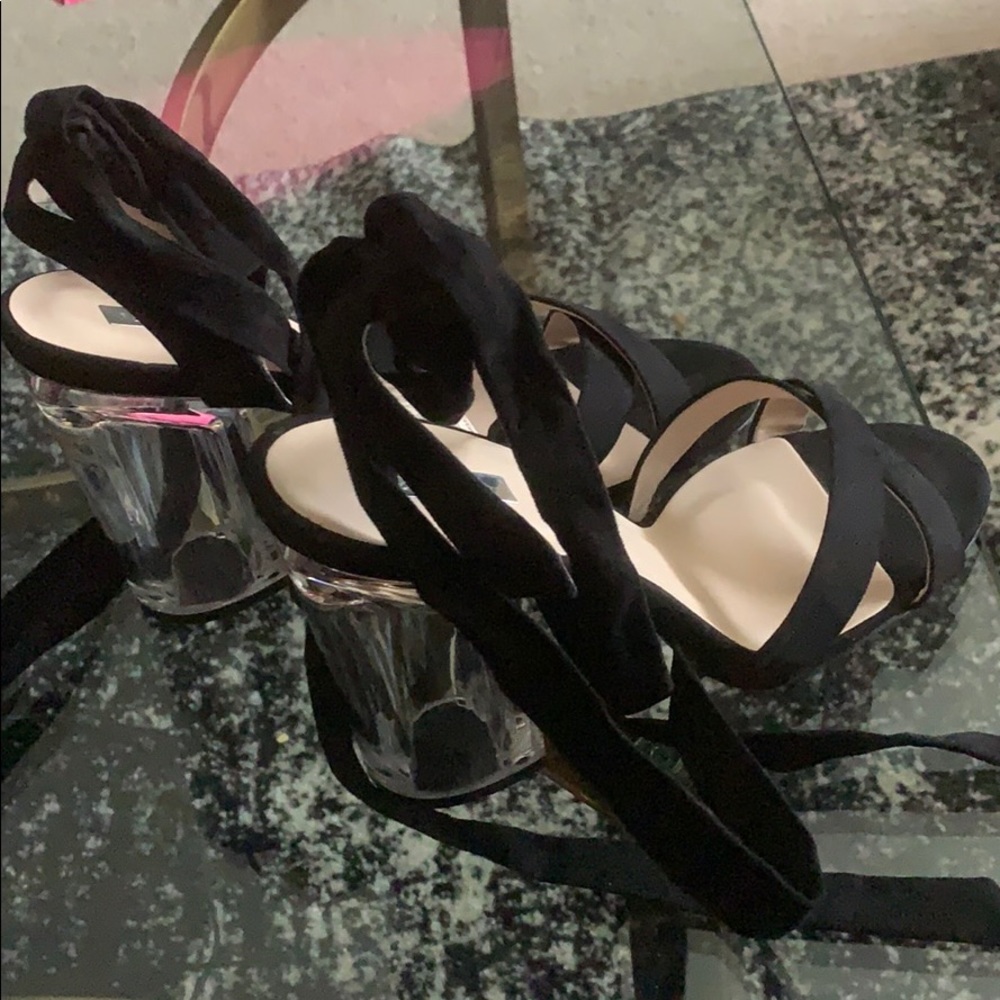 Black lucite heel sandals